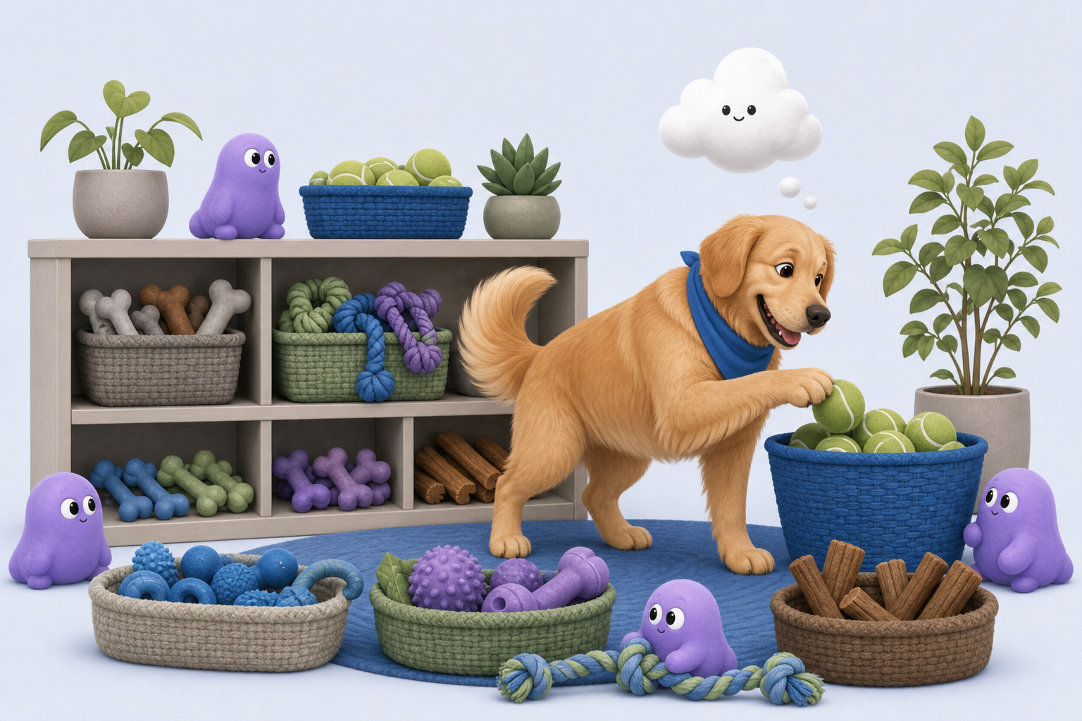 Dog sorting tennis balls, bones, and toys into labelled baskets