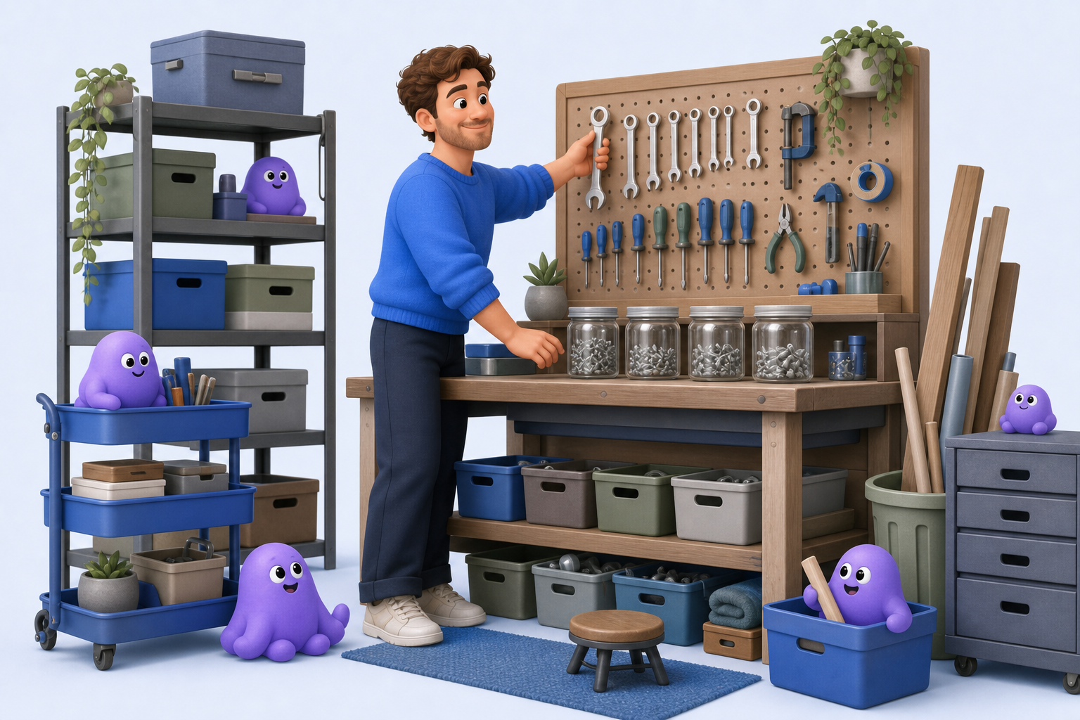 Man organising tools and supplies on a workshop pegboard