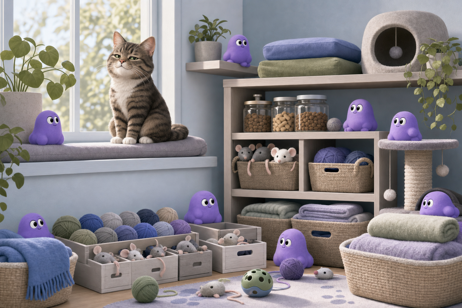 Cat among neatly arranged yarn, toy mice, and treats by a sunny window